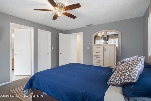 9414 Northcliffe Blvd, Spring Hill, FL 34606 - bedroom featuring visible vents, a textured ceiling, a ceiling fan, and carpet floors