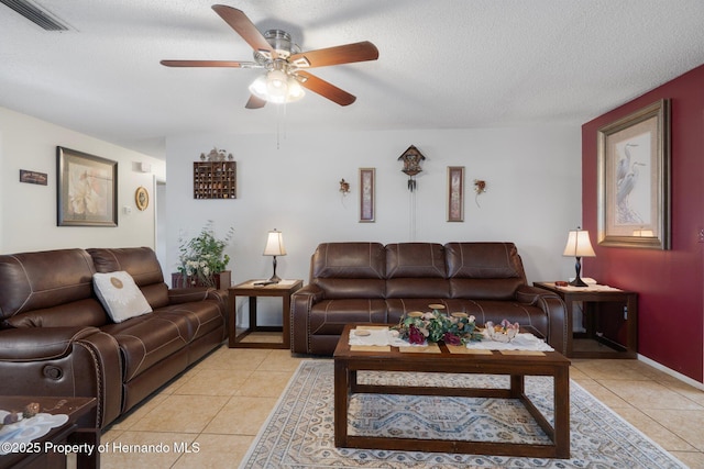 9414 Northcliffe Blvd, Spring Hill, FL 34606 - living area featuring baseboards, a textured ceiling, a ceiling fan, light tile patterned flooring, and visible vents