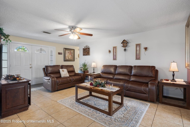 9414 Northcliffe Blvd, Spring Hill, FL 34606 - living room featuring light tile patterned flooring, a textured ceiling, ceiling fan, and visible vents