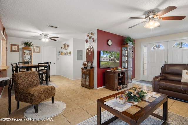 9414 Northcliffe Blvd, Spring Hill, FL 34606 - living area featuring electric panel, a ceiling fan, visible vents, and light tile patterned floors