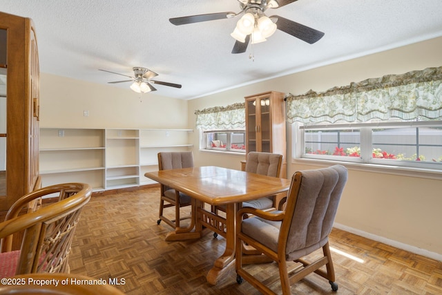 9414 Northcliffe Blvd, Spring Hill, FL 34606 - dining space featuring a wealth of natural light, ceiling fan, baseboards, and a textured ceiling