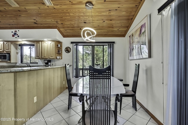 dining room featuring visible vents, vaulted ceiling, wooden ceiling, light tile patterned flooring, and baseboards