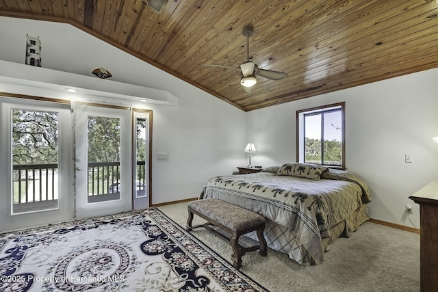 bedroom featuring wood ceiling, access to outside, carpet flooring, and lofted ceiling