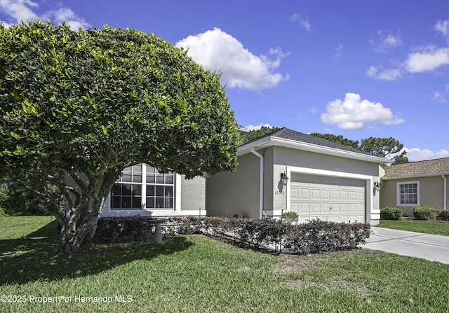 10109 Holly Berry Dr, Weeki Wachee, FL 34613 - view of front of property featuring a garage, stucco siding, driveway, and a front lawn