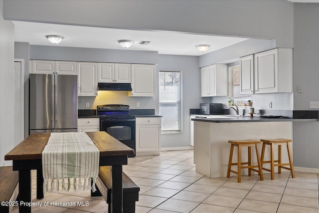 12575 Maleo Rd, Weeki Wachee, FL 34614 - kitchen featuring black appliances, under cabinet range hood, a peninsula, white cabinets, and healthy amount of natural light