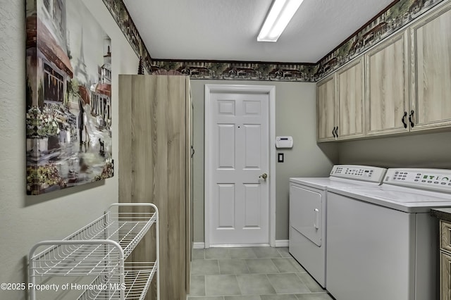 17364 Mediterranean Cir, Brooksville, FL 34614 - laundry area with light tile patterned floors, washing machine and dryer, baseboards, and cabinet space