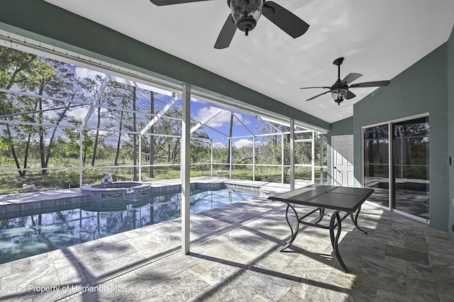 17364 Mediterranean Cir, Brooksville, FL 34614 - view of patio with a pool with connected hot tub, glass enclosure, and ceiling fan