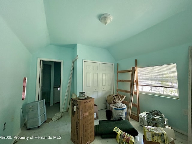 bedroom with a closet and vaulted ceiling