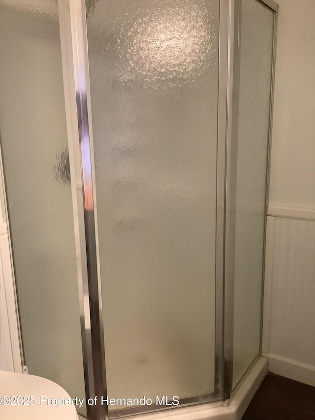 bathroom featuring toilet and a stall shower