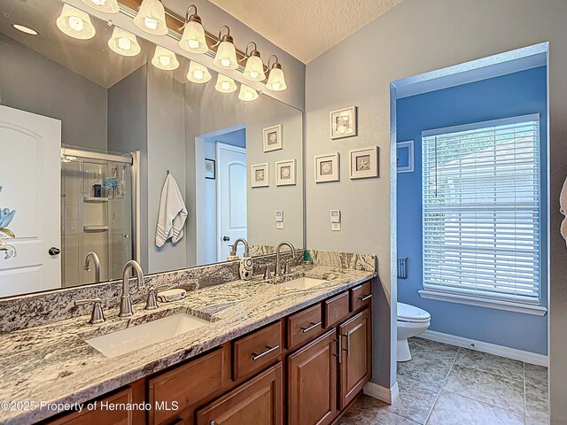 bathroom with a sink, toilet, double vanity, and a stall shower