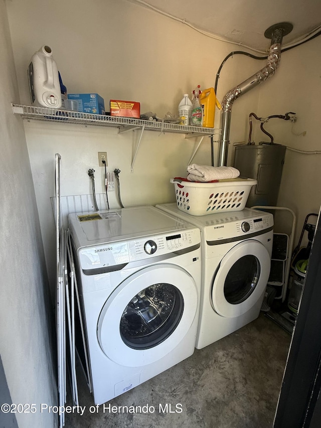 clothes washing area with water heater, laundry area, and washing machine and clothes dryer