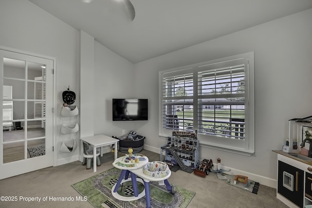 12848 Hilary St, Spring Hill, FL 34609 - game room featuring baseboards, carpet flooring, and lofted ceiling