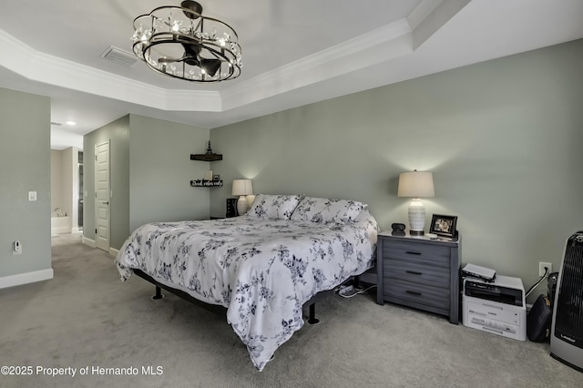 12848 Hilary St, Spring Hill, FL 34609 - bedroom with visible vents, carpet, a chandelier, crown molding, and a tray ceiling