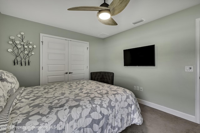 12848 Hilary St, Spring Hill, FL 34609 - bedroom with visible vents, baseboards, a closet, dark carpet, and a ceiling fan