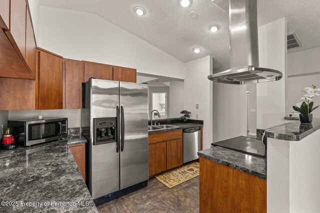 4405 Plumosa St, Spring Hill, FL 34607 - kitchen featuring a sink, lofted ceiling, brown cabinets, wall chimney exhaust hood, and appliances with stainless steel finishes