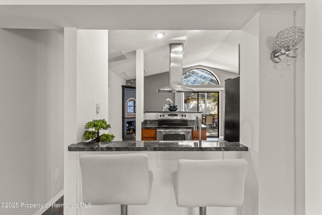 4405 Plumosa St, Spring Hill, FL 34607 - bar featuring vaulted ceiling, electric stove, island range hood, refrigerator, and a textured ceiling