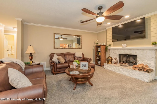 carpeted living room with recessed lighting, crown molding, baseboards, a fireplace, and ceiling fan