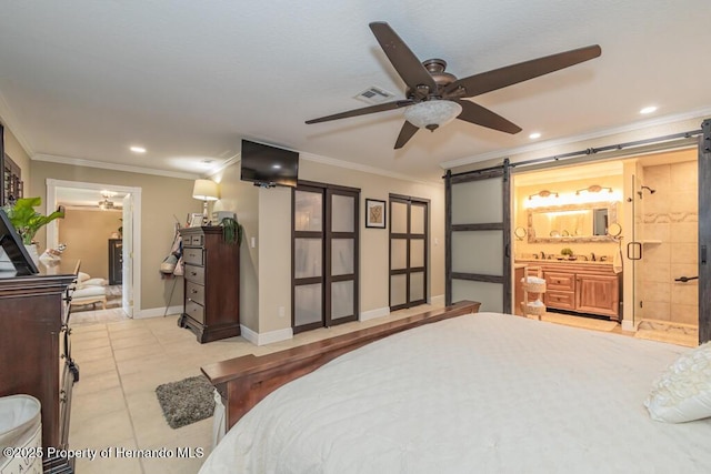bedroom featuring a barn door, visible vents, recessed lighting, tile patterned flooring, and crown molding