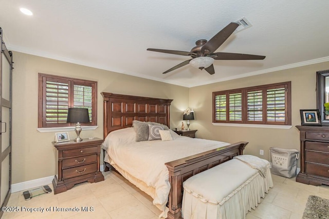 bedroom featuring light tile patterned floors, baseboards, ceiling fan, and crown molding