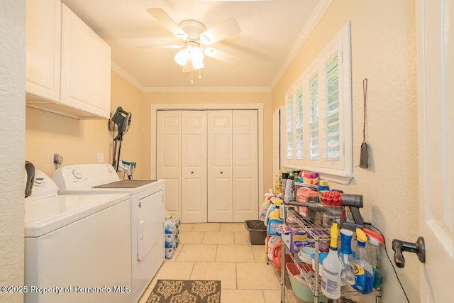 clothes washing area featuring cabinet space, independent washer and dryer, crown molding, and ceiling fan