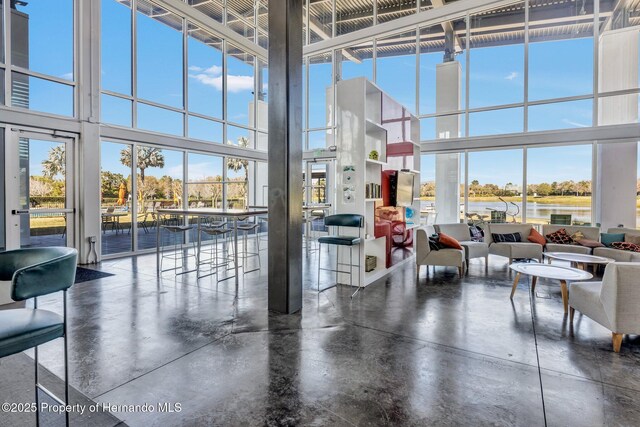 building lobby with a water view