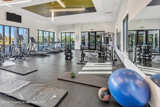 exercise room featuring a high ceiling and a paneled ceiling