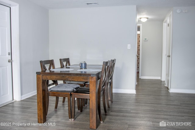 dining space with wood finished floors, visible vents, and baseboards