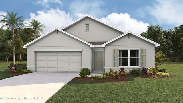 ranch-style home with a front lawn, driveway, a shingled roof, an attached garage, and stucco siding