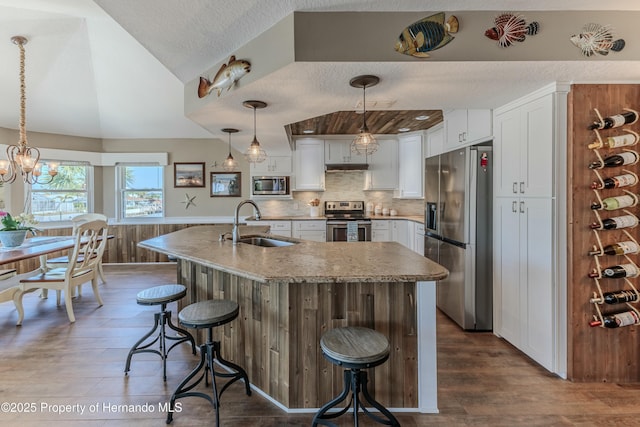 4285 Flexer Dr, Hernando Beach, FL 34607 - kitchen with dark wood-style floors, a sink, vaulted ceiling, a textured ceiling, and appliances with stainless steel finishes