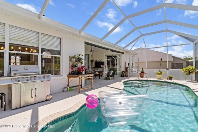 262 W Romany Loop, Beverly Hills, FL 34465 - outdoor pool featuring grilling area, a patio area, a lanai, and a ceiling fan
