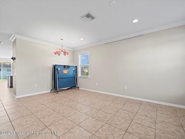 unfurnished room featuring crown molding, baseboards, recessed lighting, a chandelier, and light tile patterned flooring