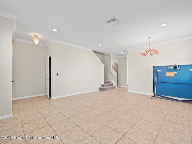 unfurnished living room featuring ornamental molding, recessed lighting, a chandelier, light tile patterned flooring, and stairs