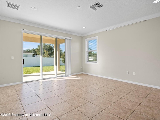 unfurnished room with crown molding, baseboards, recessed lighting, and light tile patterned floors