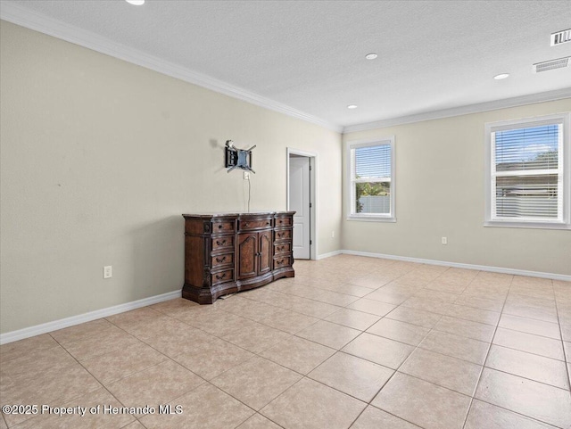 unfurnished living room featuring ornamental molding, a textured ceiling, baseboards, light tile patterned flooring, and recessed lighting