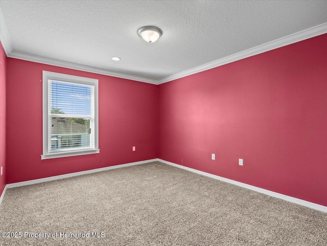 spare room featuring crown molding, a textured ceiling, carpet, and baseboards