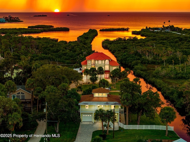 bird's eye view with a water view