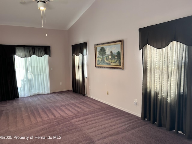 10519 Audie Brook Dr, Spring Hill, FL 34608 - carpeted spare room featuring a ceiling fan, baseboards, and high vaulted ceiling