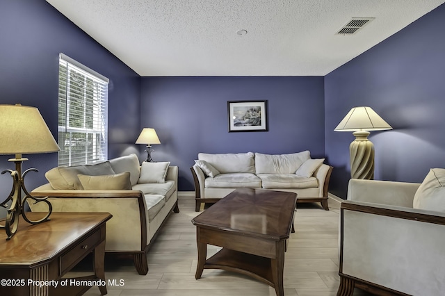 11257 Persimmon Ave, Weeki Wachee, FL 34614 - living room featuring visible vents, light wood-type flooring, and a textured ceiling