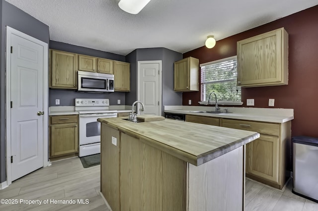 11257 Persimmon Ave, Weeki Wachee, FL 34614 - kitchen with an island with sink, butcher block counters, stainless steel appliances, a sink, and light wood-type flooring