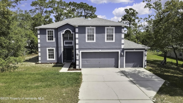 11257 Persimmon Ave, Weeki Wachee, FL 34614 - view of front of property with a front lawn, a shingled roof, stucco siding, driveway, and an attached garage