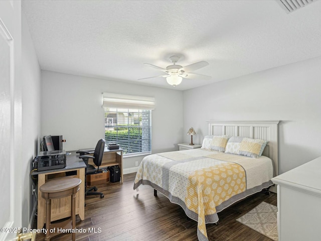 18441 Whitacre Cir, Hudson, FL 34667 - bedroom featuring a ceiling fan, visible vents, wood finished floors, and a textured ceiling