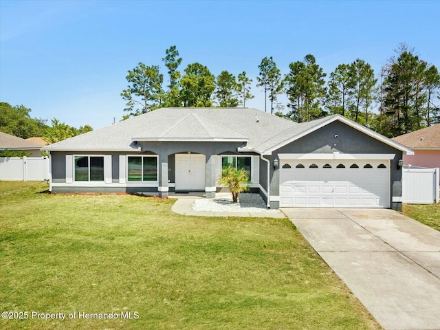 ranch-style house featuring a front yard, an attached garage, and fence