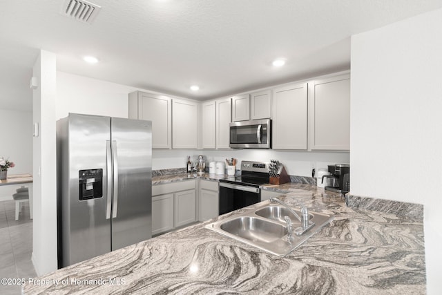 kitchen with recessed lighting, a sink, stainless steel appliances, and visible vents