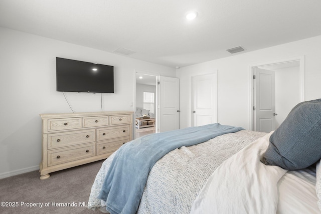 bedroom with recessed lighting, carpet flooring, baseboards, and visible vents