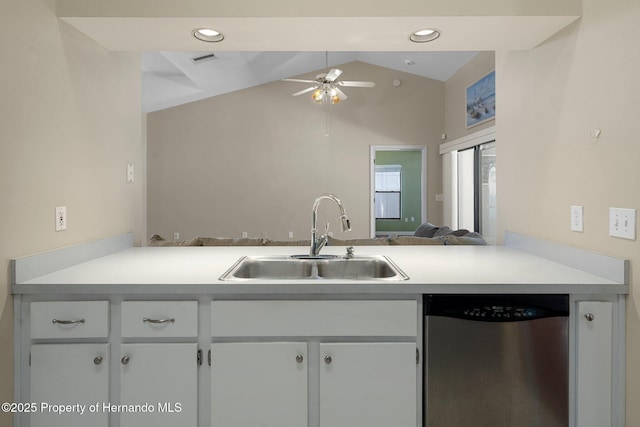 kitchen featuring a ceiling fan, visible vents, dishwasher, a sink, and light countertops