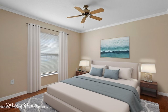 bedroom with ceiling fan, baseboards, ornamental molding, and wood finished floors