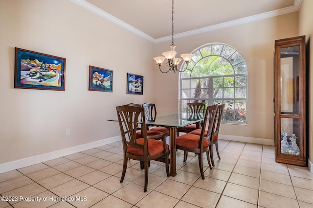 3011 Endsley Rd, Brooksville, FL 34604 - dining space with ornamental molding, a notable chandelier, baseboards, and light tile patterned floors