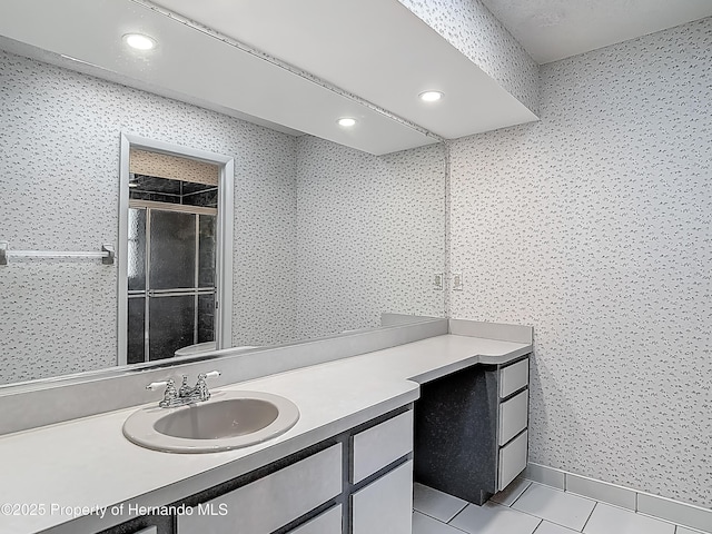 bathroom with vanity, recessed lighting, tile patterned floors, and a shower stall