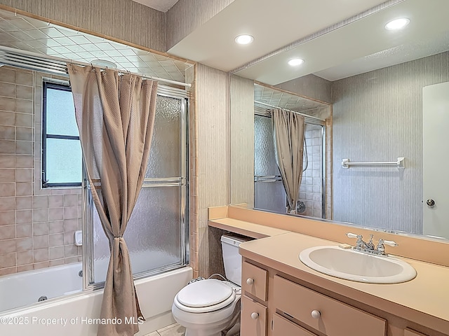 full bath featuring recessed lighting, vanity, enclosed tub / shower combo, and toilet
