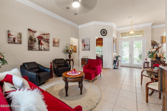 living area with ceiling fan, french doors, visible vents, crown molding, and light tile patterned floors